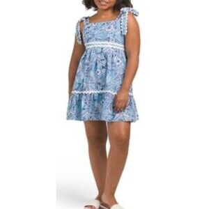 Stellah Women Blue White Floral Scallop Trim Mink Dress Shoulder Tie Pocket Sz M